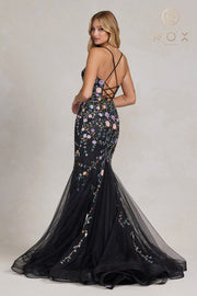 Floral Beaded V-Neck Mermaid Gown by Nox Anabel C1117