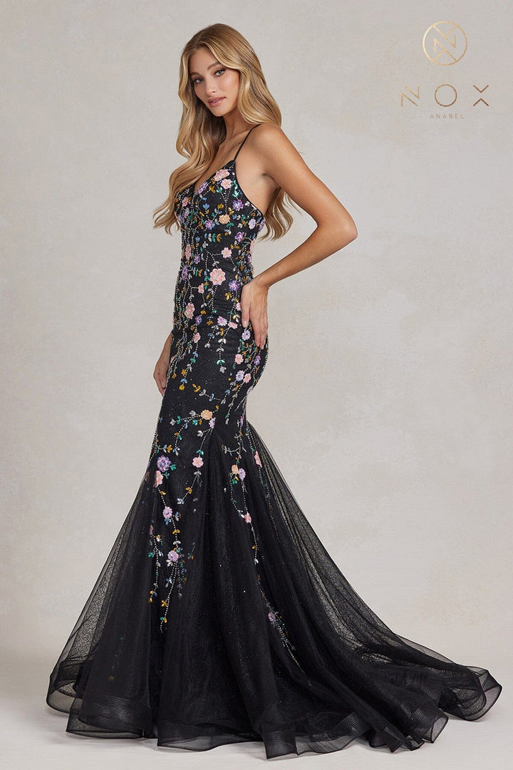 Floral Beaded V-Neck Mermaid Gown by Nox Anabel C1117
