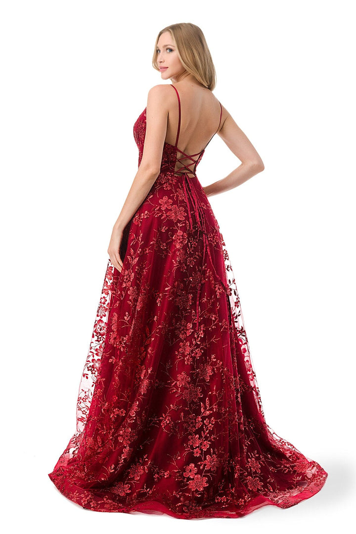 Floral Embroidered Lace-Up Back Gown by Coya L2764B