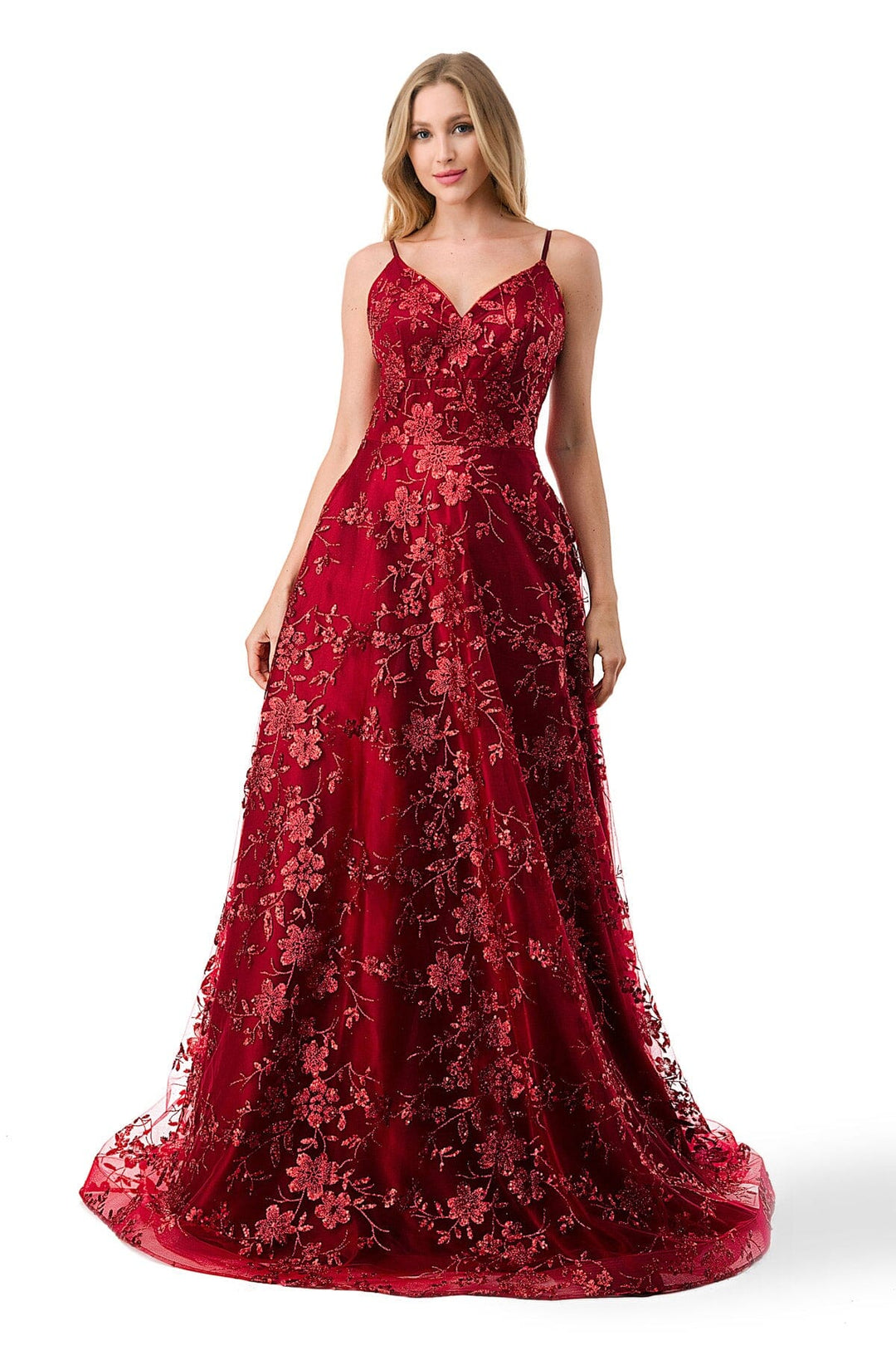 Floral Embroidered Lace-Up Back Gown by Coya L2764B