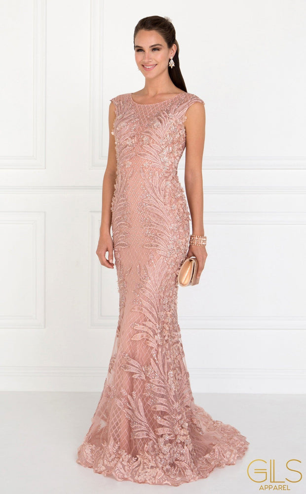 Floral Embroidered Pink Mermaid Gown by Elizabeth K GL1534-Long Formal Dresses-ABC Fashion