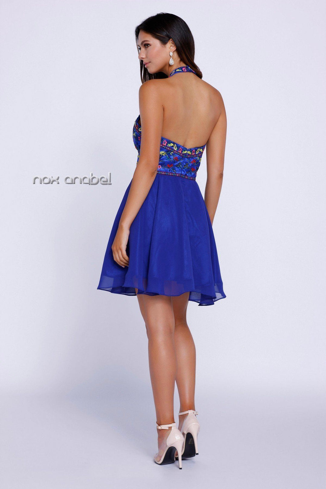 Floral Embroidered Short Halter Dress by Nox Anabel 6235-Short Cocktail Dresses-ABC Fashion