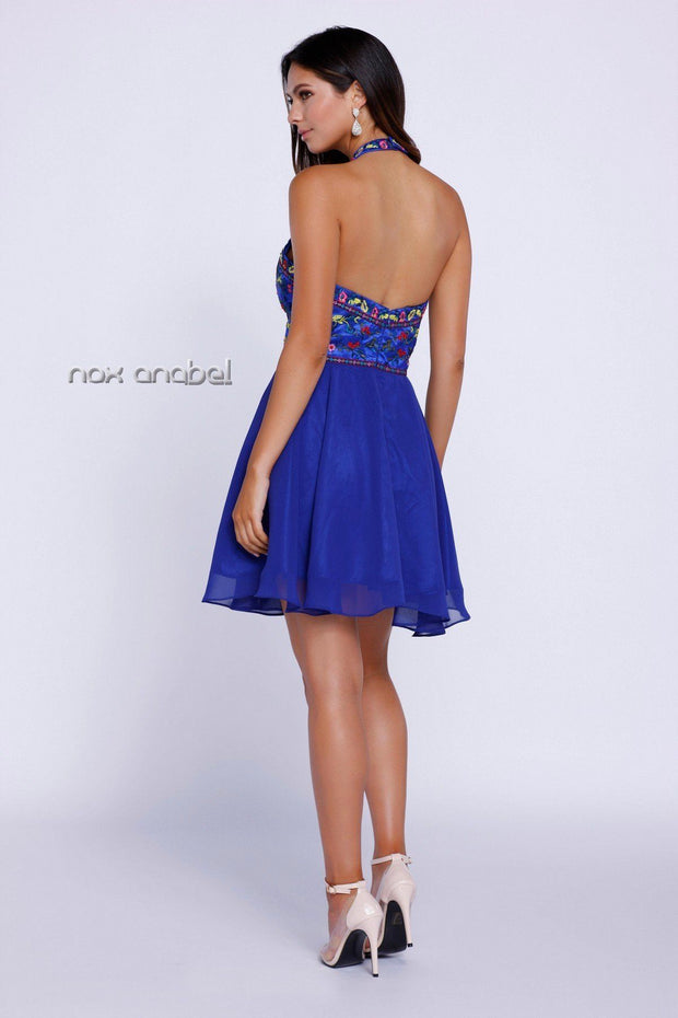 Floral Embroidered Short Halter Dress by Nox Anabel 6235-Short Cocktail Dresses-ABC Fashion