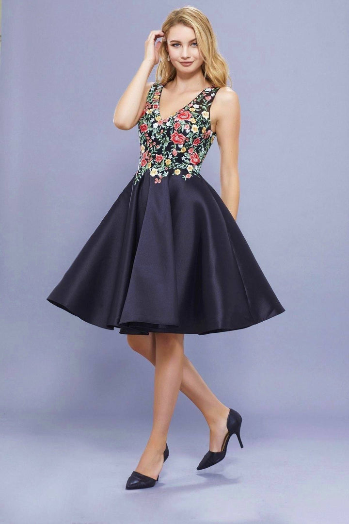 Floral Embroidered Short V Neck Dress by Nox Anabel 6322-Short Cocktail Dresses-ABC Fashion