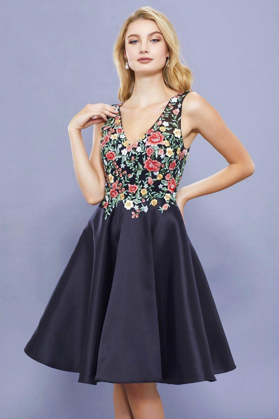 Floral Embroidered Short V Neck Dress by Nox Anabel 6322-Short Cocktail Dresses-ABC Fashion