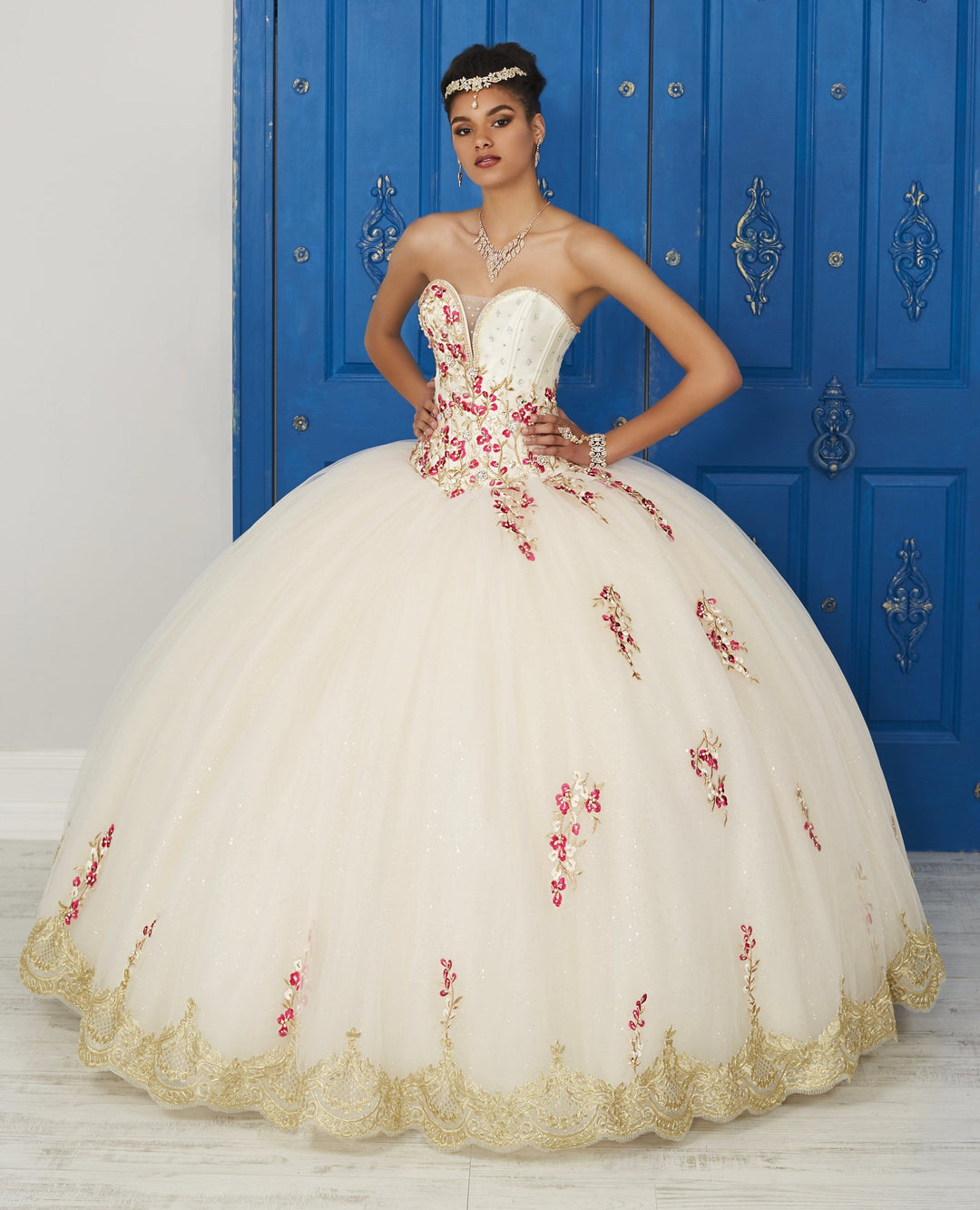 Floral Embroidered V-Neck Dress by House of Wu LA Glitter 24032-Quinceanera Dresses-ABC Fashion