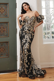 Floral Glitter Fitted Puff Sleeve Gown by Ladivine J844