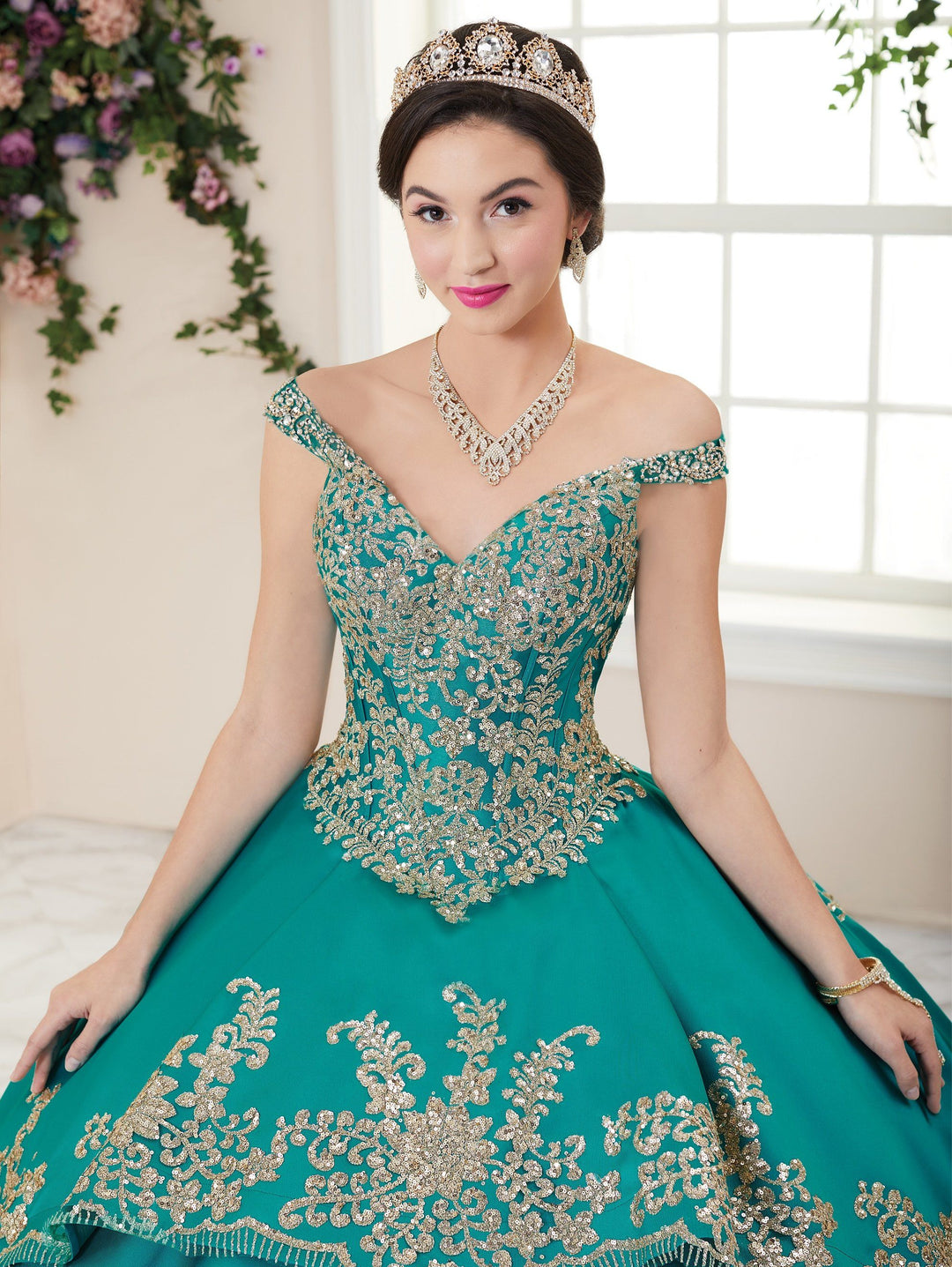 Floral Glitter V-Neck Quinceanera Dress by House of Wu 26956