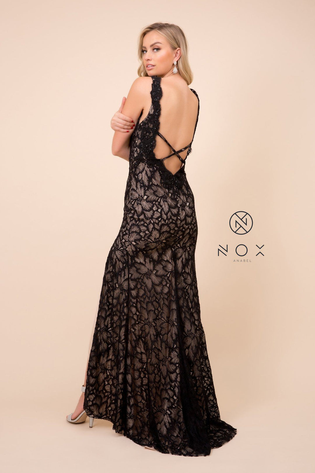 Floral Lace Long Fitted V-Neck Dress by Nox Anabel E374