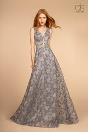 Floral Lace Long Illusion V-Neck Dress by Elizabeth K GL2580-Long Formal Dresses-ABC Fashion