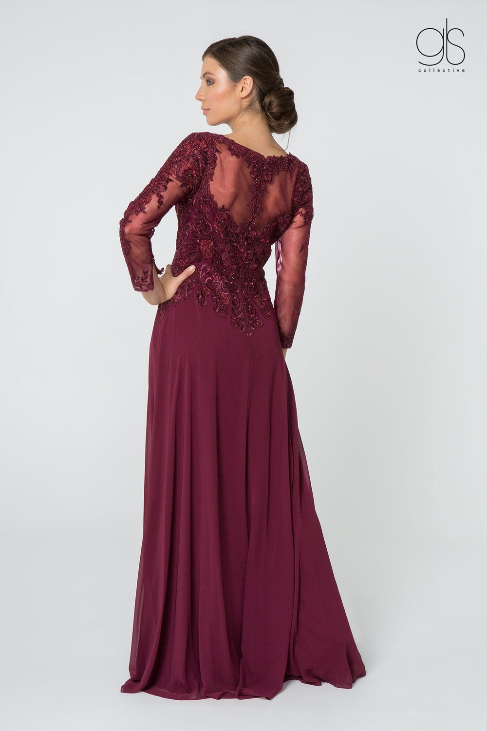 Floral Lace Long V-Neck Dress with Sleeves by Elizabeth K GL2825-Long Formal Dresses-ABC Fashion