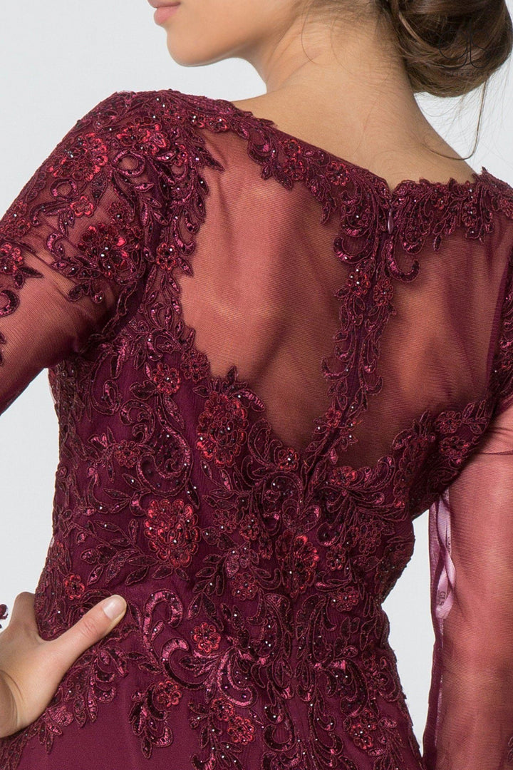 Floral Lace Long V-Neck Dress with Sleeves by Elizabeth K GL2825-Long Formal Dresses-ABC Fashion