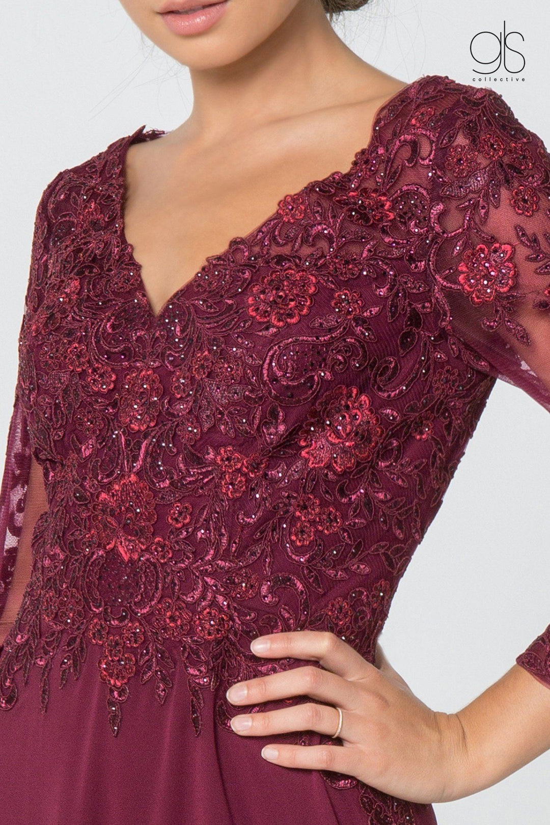 Floral Lace Long V-Neck Dress with Sleeves by Elizabeth K GL2825-Long Formal Dresses-ABC Fashion