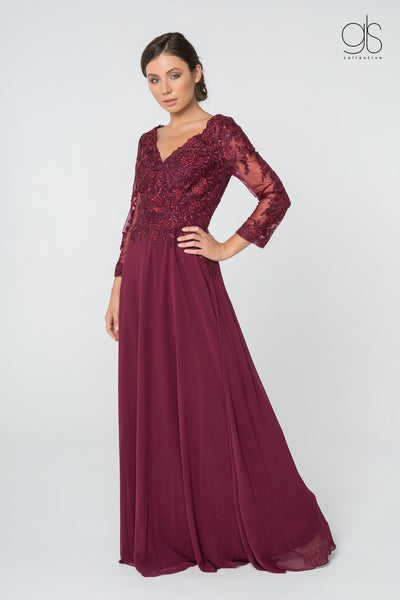 Floral Lace Long V-Neck Dress with Sleeves by Elizabeth K GL2825-Long Formal Dresses-ABC Fashion