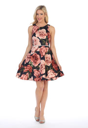 Floral Print Short Sleeveless Party Dress by Celavie 6338-Short Cocktail Dresses-ABC Fashion