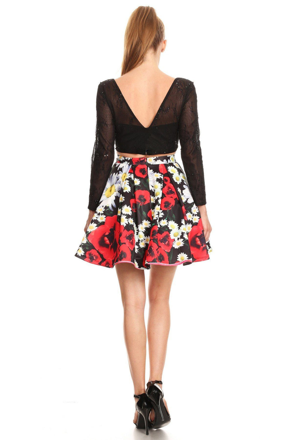 Floral Print Short Two Piece Dress with Lace Top by Nox Anabel 6339-Short Cocktail Dresses-ABC Fashion