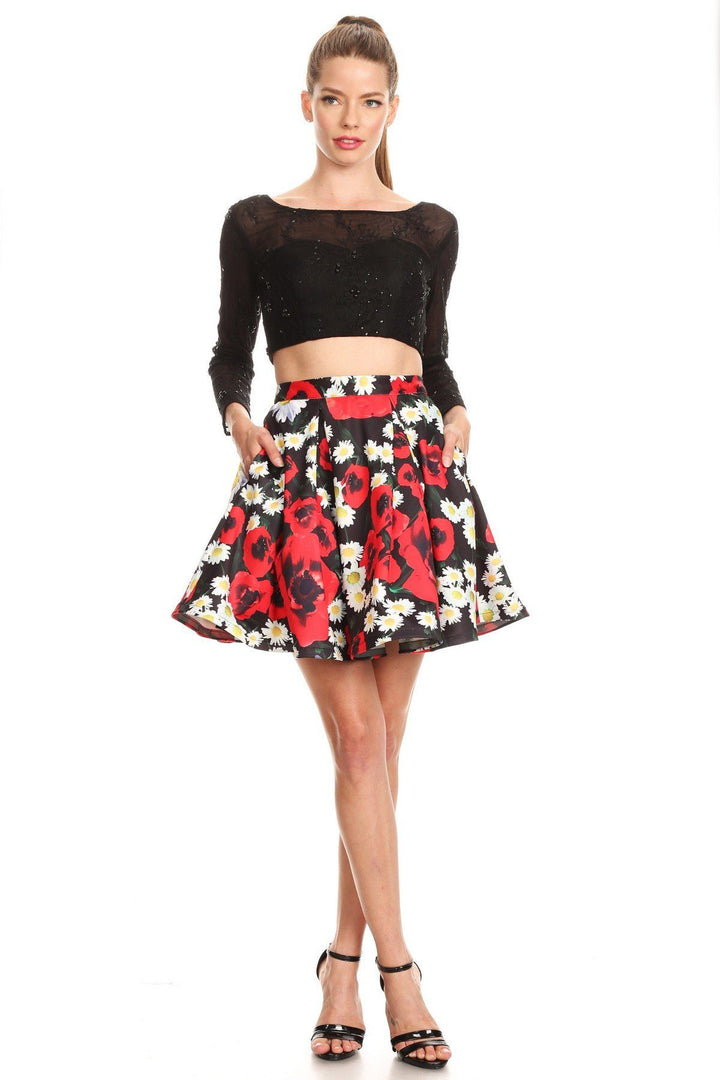 Floral Print Short Two Piece Dress with Lace Top by Nox Anabel 6339-Short Cocktail Dresses-ABC Fashion