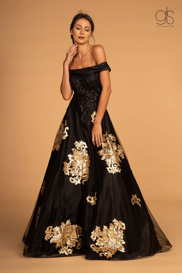 Floral Sequin Long Off the Shoulder Dress by GLS Gloria GL2542-Long Formal Dresses-ABC Fashion