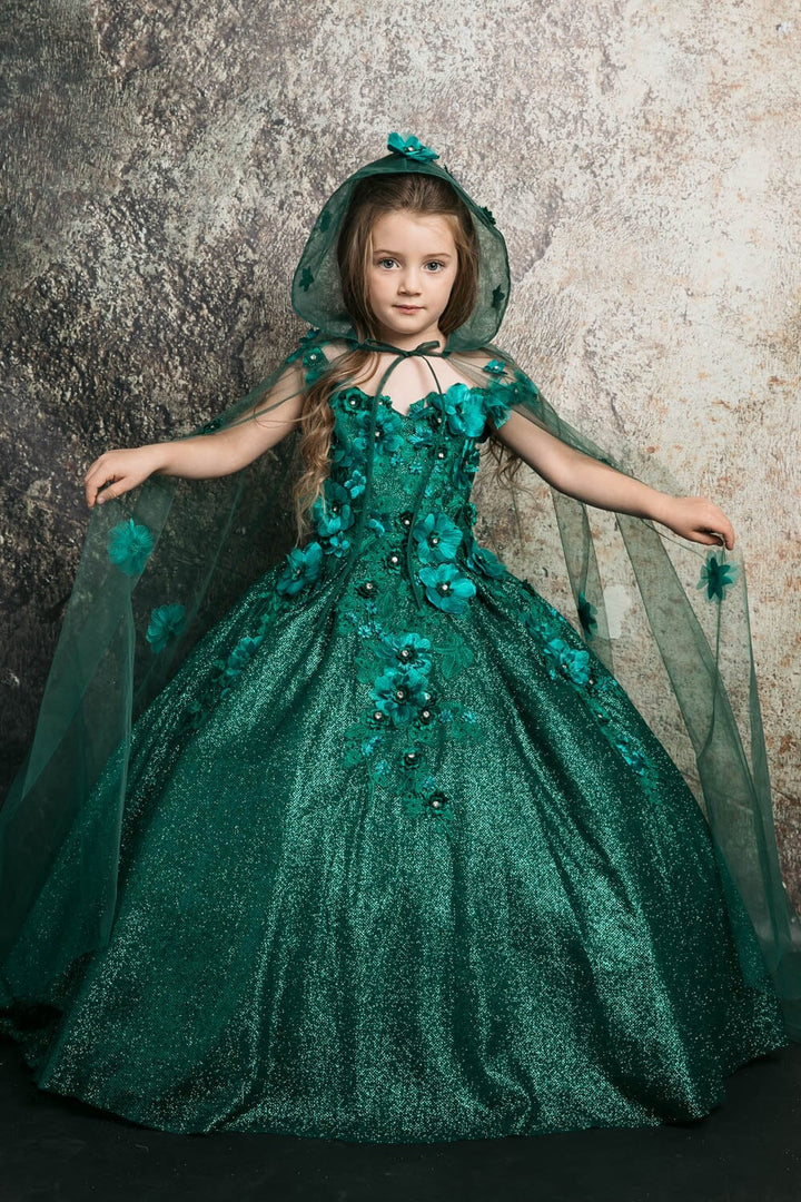 Girls 3D Floral Glitter Cloak Ball Gown by Petite Adele PK1002