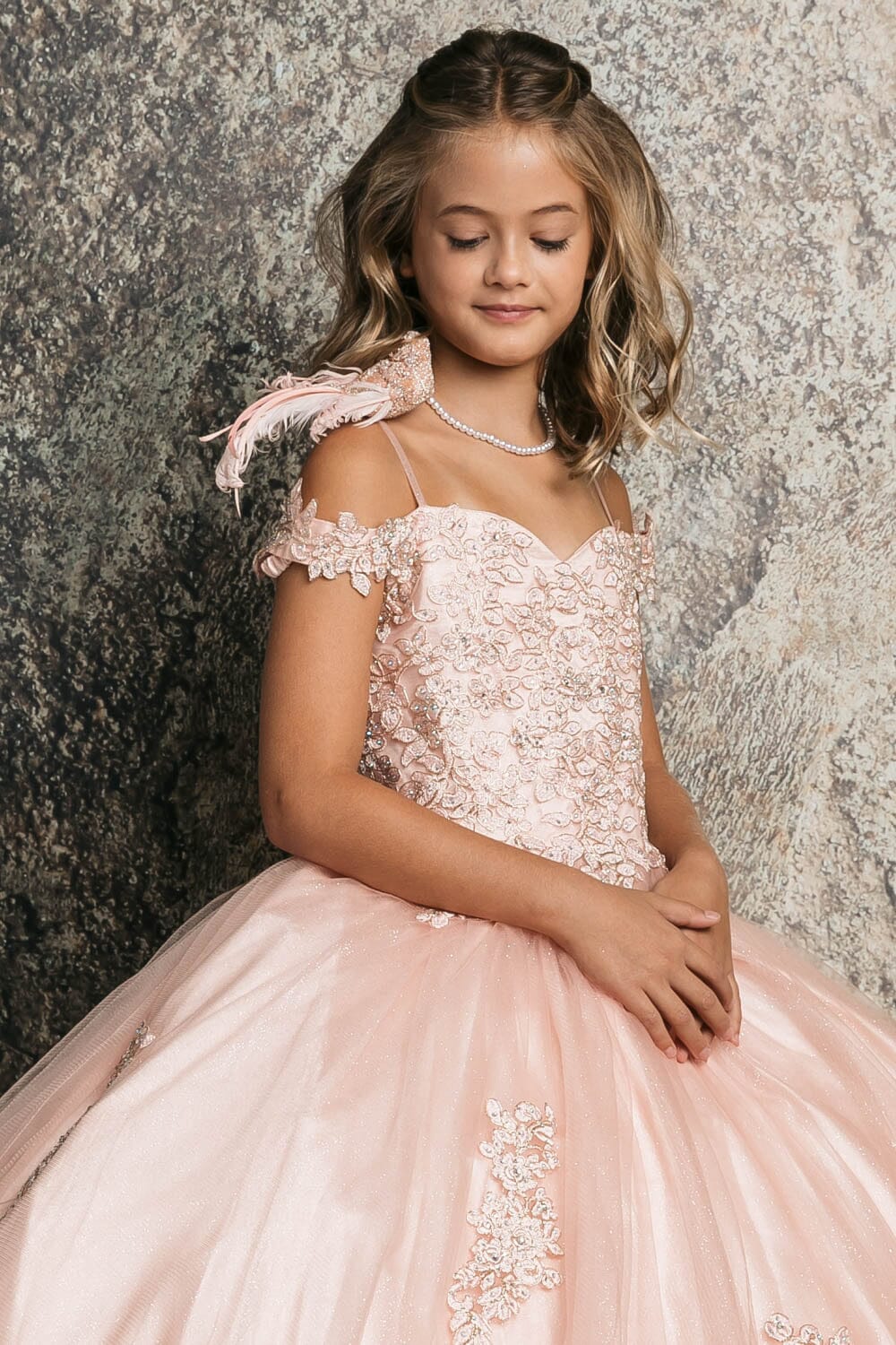 Girls Applique Off Shoulder Gown by Petite Adele C338