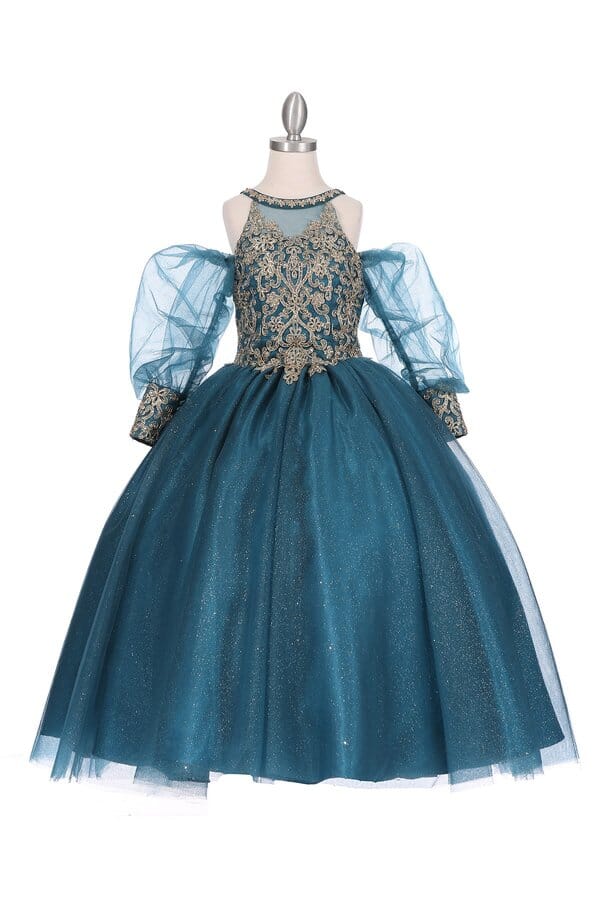 Girls Applique Puff Sleeve Gown by Cinderella Couture 5114