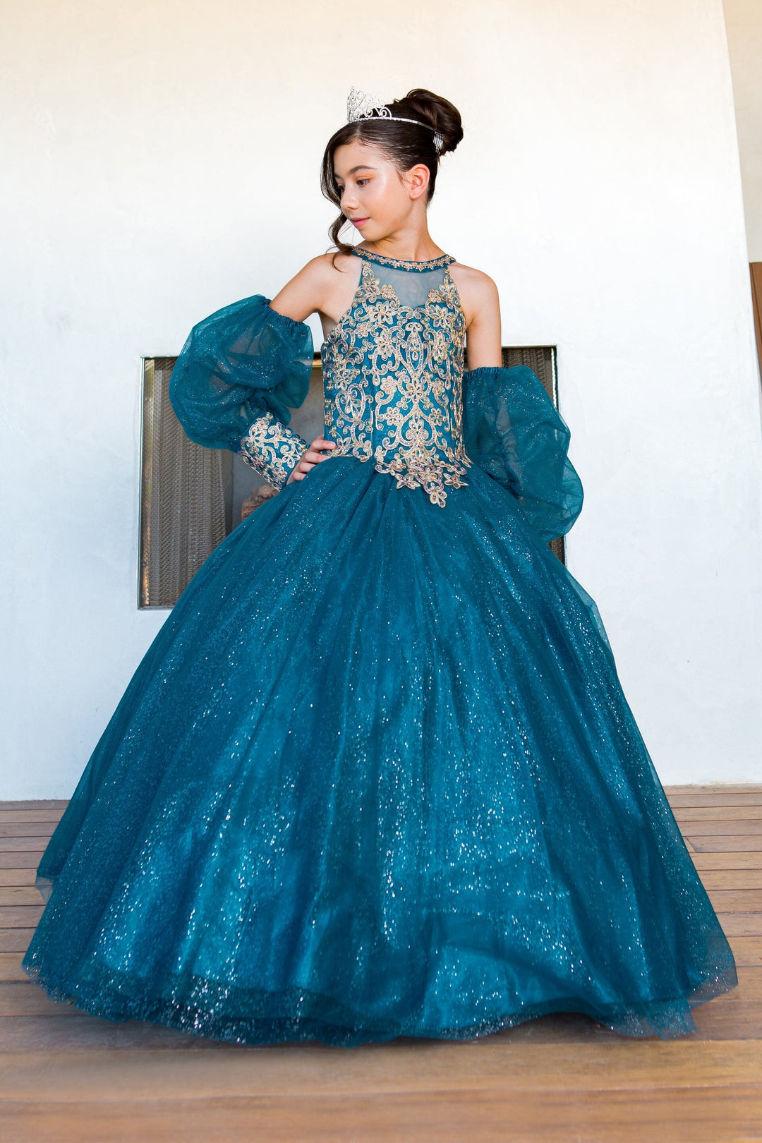 Girls Applique Puff Sleeve Gown by Cinderella Couture 5114