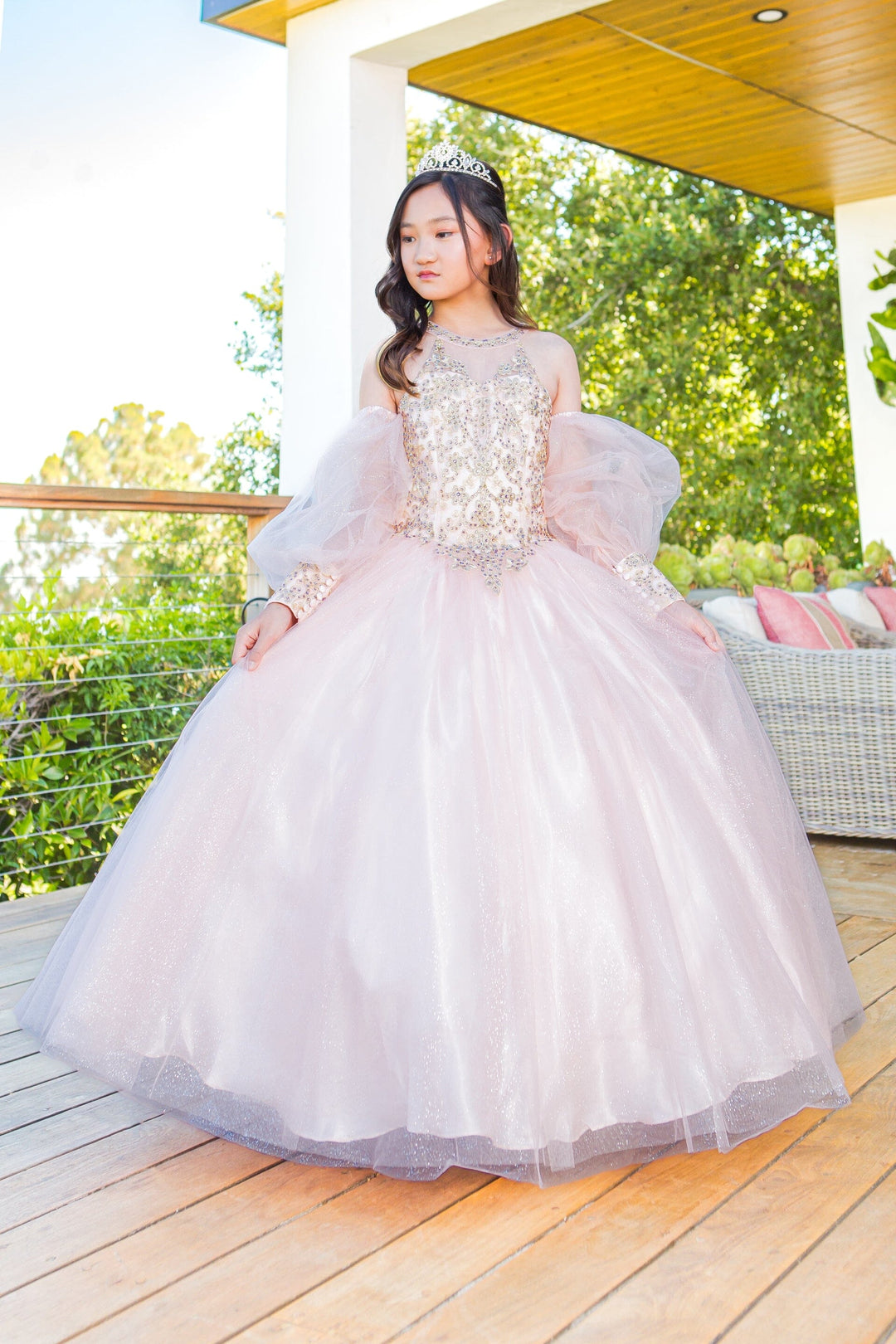 Girls Applique Puff Sleeve Gown by Cinderella Couture 5114