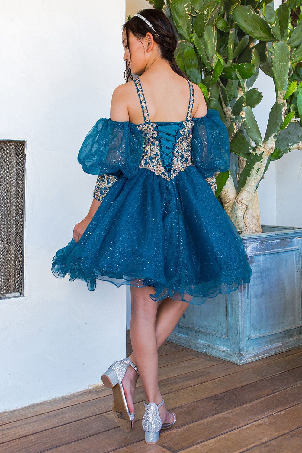 Girls Applique Short Puff Sleeve Dress by Cinderella Couture 5113 - Outlet Girls Applique Short Puff Sleeve Dress by Cinderella Couture 5113 - Outlet