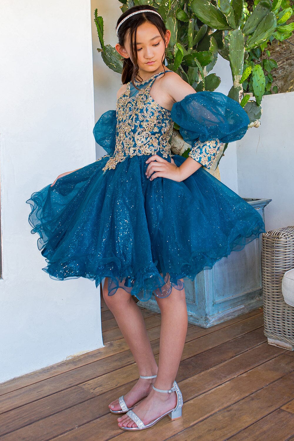 Girls Applique Short Puff Sleeve Dress by Cinderella Couture 5113