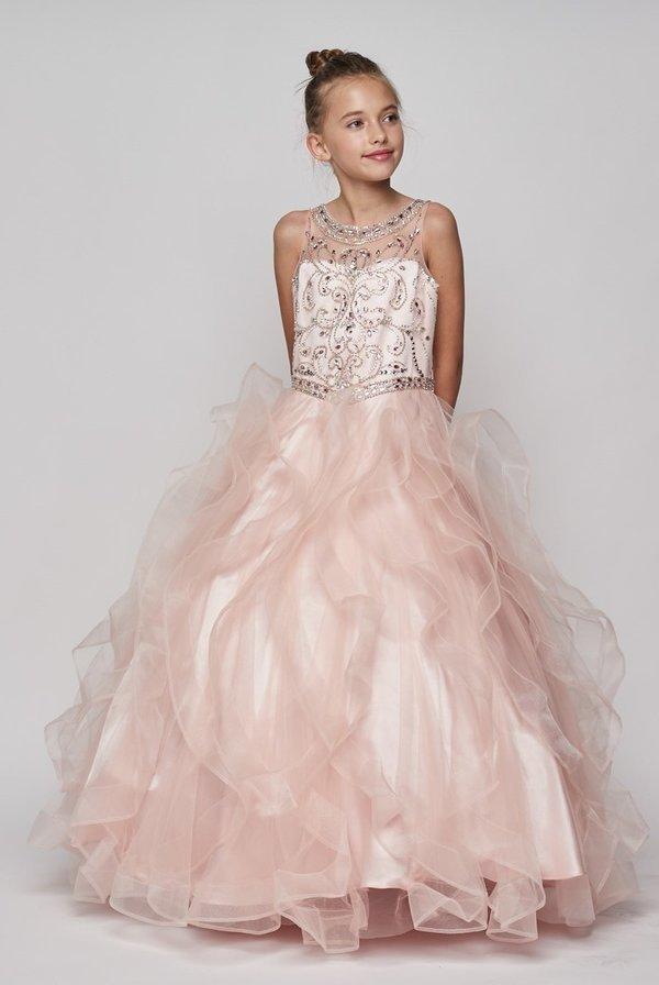 Girls Beaded Illusion Ball Gown with Layered Skirt – ABC Fashion