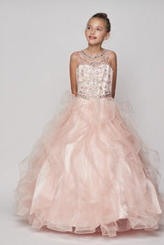 Girls Beaded Illusion Ball Gown with Layered Skirt-Girls Formal Dresses-ABC Fashion