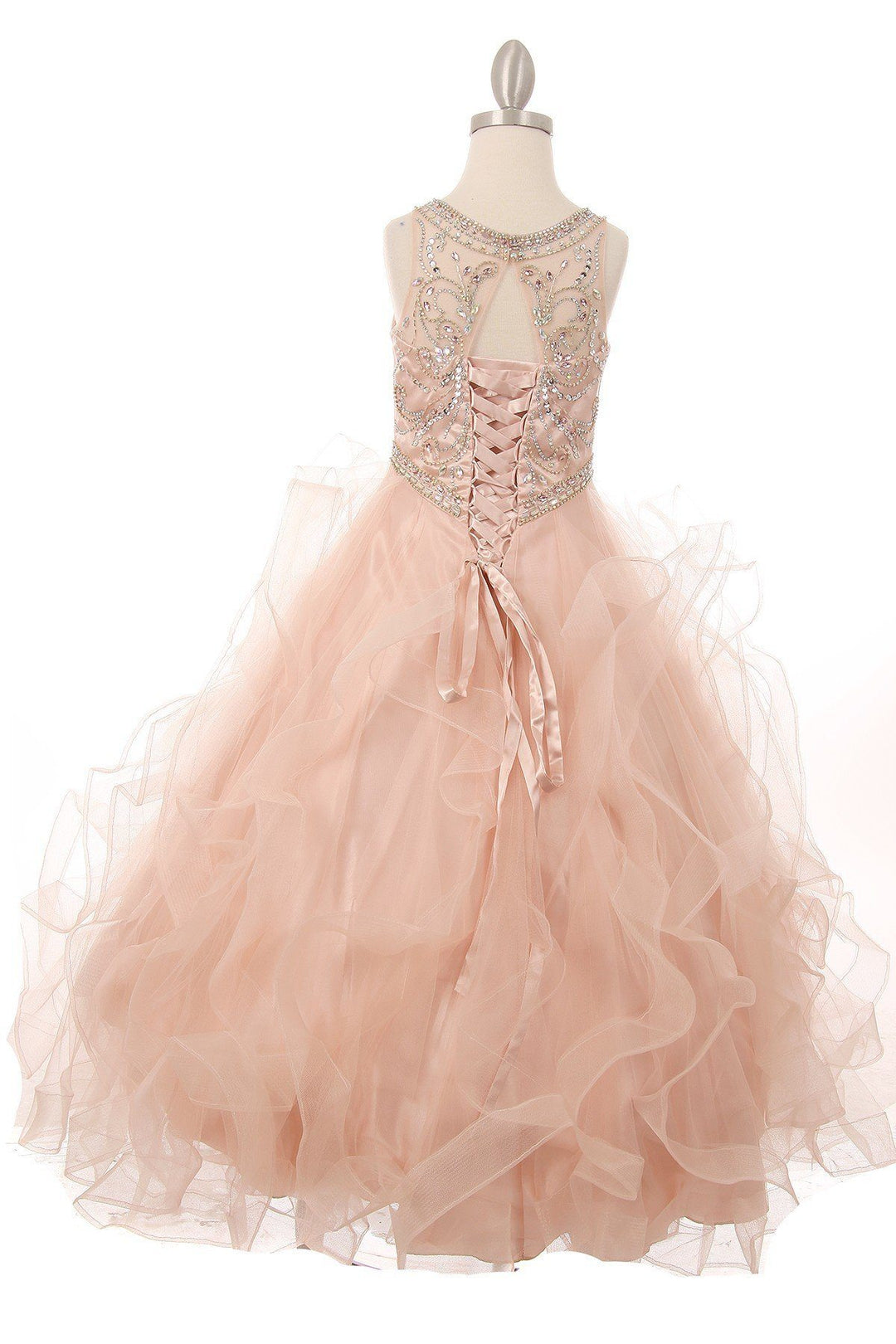 Girls Beaded Illusion Ball Gown with Layered Skirt-Girls Formal Dresses-ABC Fashion