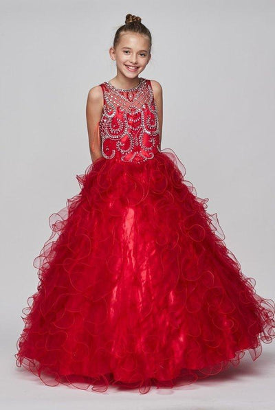 Girls Beaded Illusion Ball Gown with Ruffled Skirt-Girls Formal Dresses-ABC Fashion