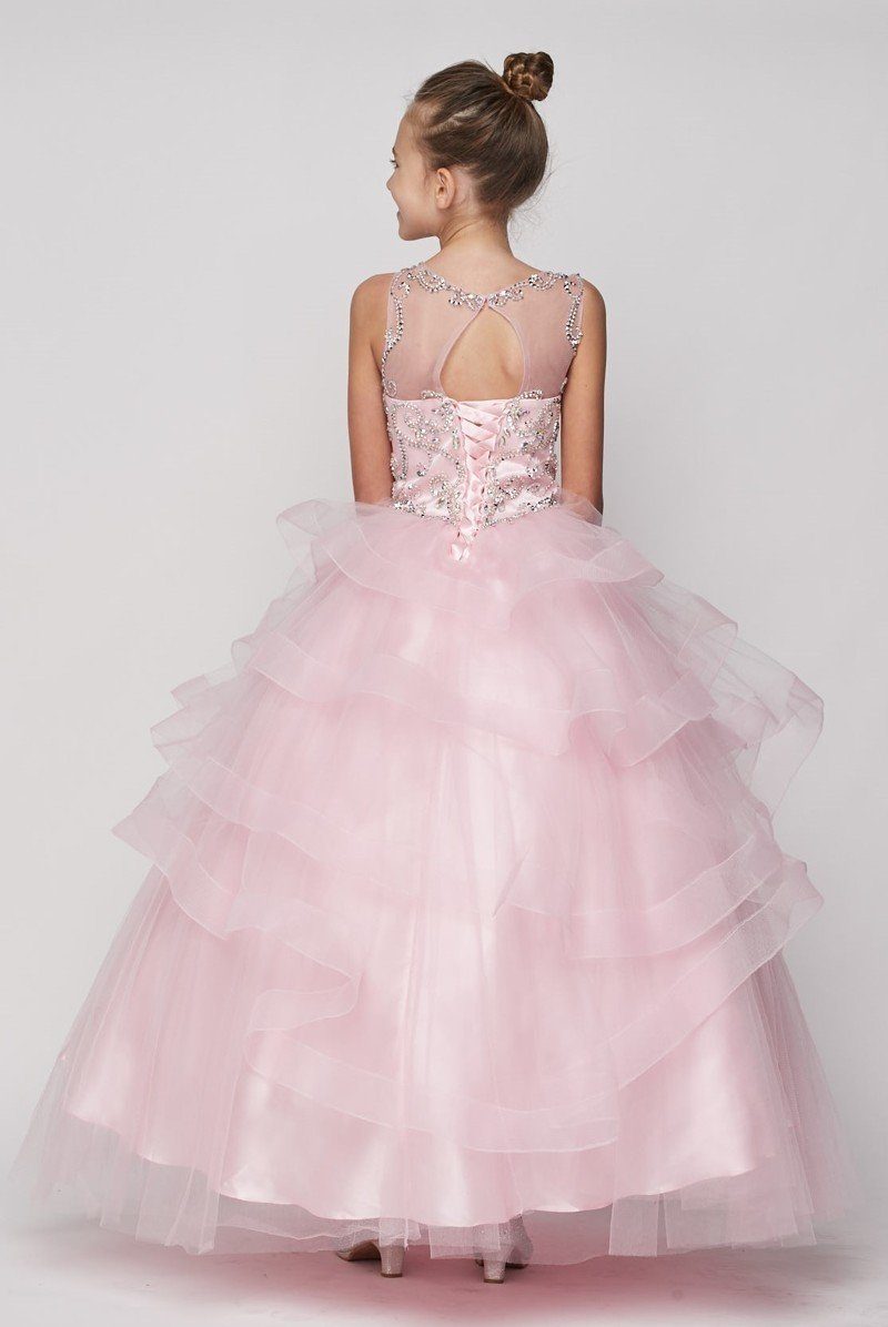 Girls Beaded Illusion Sleeveless Ball Gown with Layered Skirt-Girls Formal Dresses-ABC Fashion