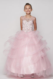 Girls Beaded Illusion Sleeveless Ball Gown with Layered Skirt-Girls Formal Dresses-ABC Fashion