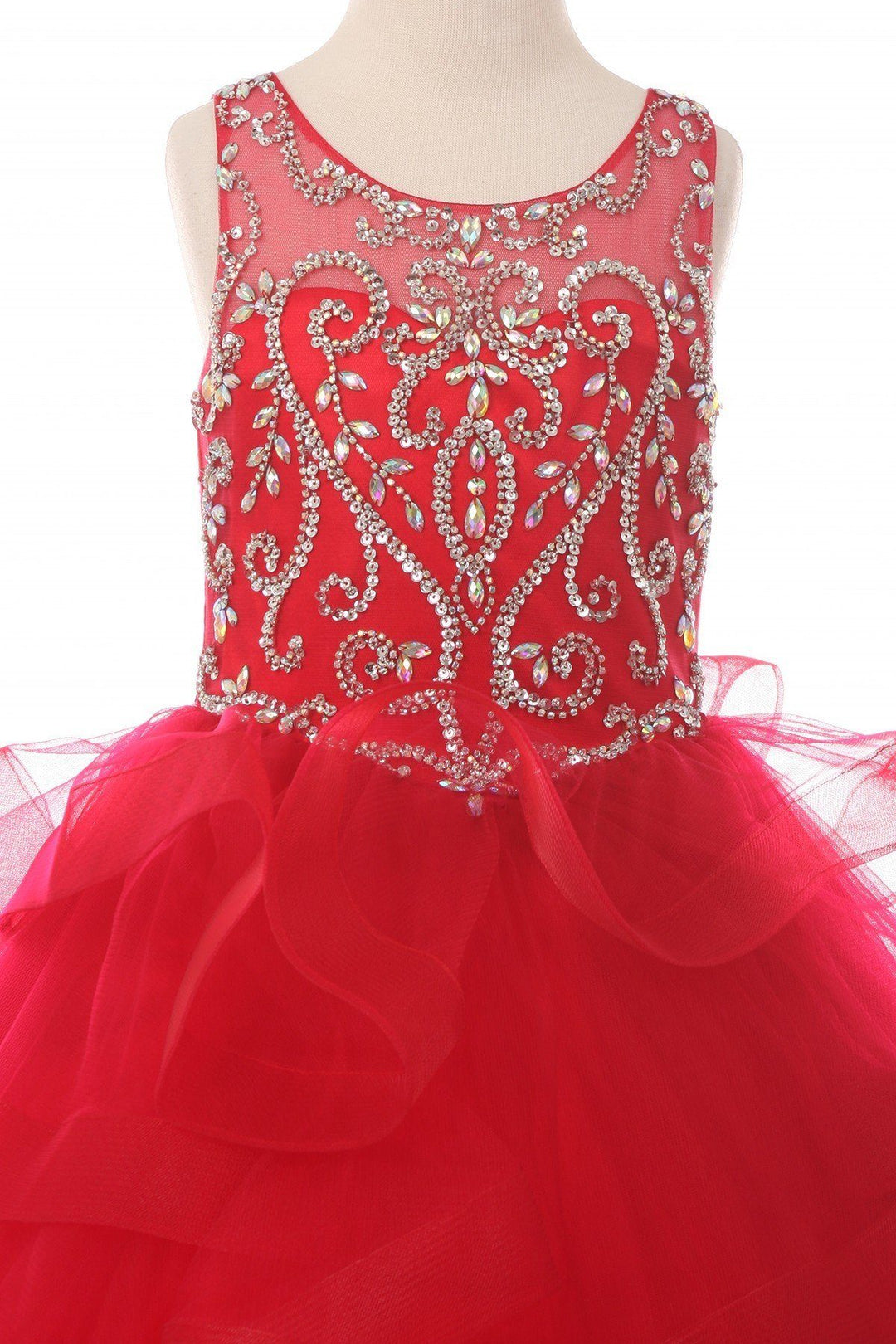 Girls Beaded Illusion Sleeveless Ball Gown with Layered Skirt-Girls Formal Dresses-ABC Fashion