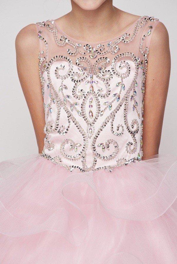Girls Beaded Illusion Sleeveless Ball Gown with Layered Skirt-Girls Formal Dresses-ABC Fashion
