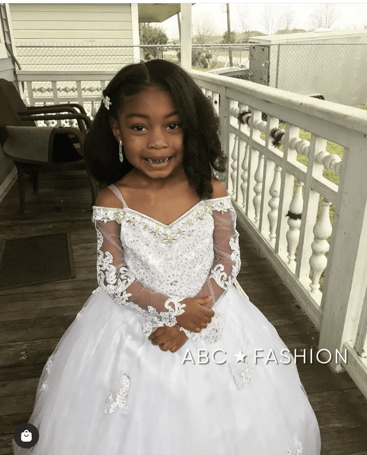 Girls Beaded Lace Off Shoulder Ball Gown with Sleeves 8002