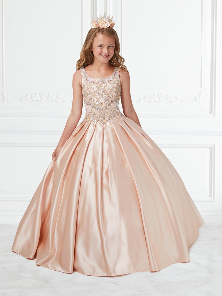 Girls Beaded Long Box Pleated Satin Dress by Tiffany Princess 13591-Girls Formal Dresses-ABC Fashion