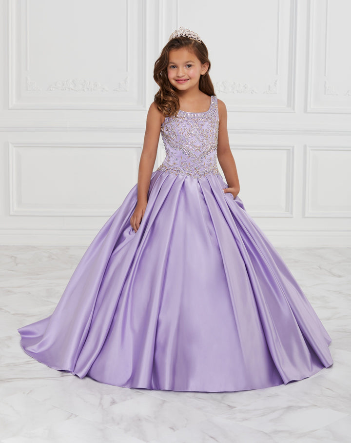 Girls Beaded Long Box Pleated Satin Dress by Tiffany Princess 13591-Girls Formal Dresses-ABC Fashion