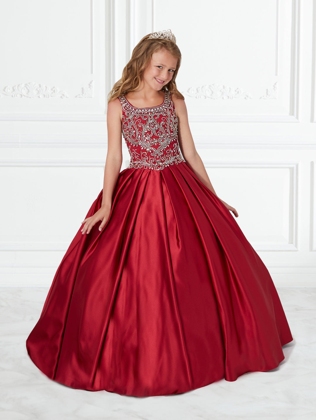 Girls Beaded Long Box Pleated Satin Dress by Tiffany Princess 13591-Girls Formal Dresses-ABC Fashion