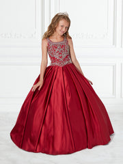 Girls Beaded Long Box Pleated Satin Dress by Tiffany Princess 13591-Girls Formal Dresses-ABC Fashion