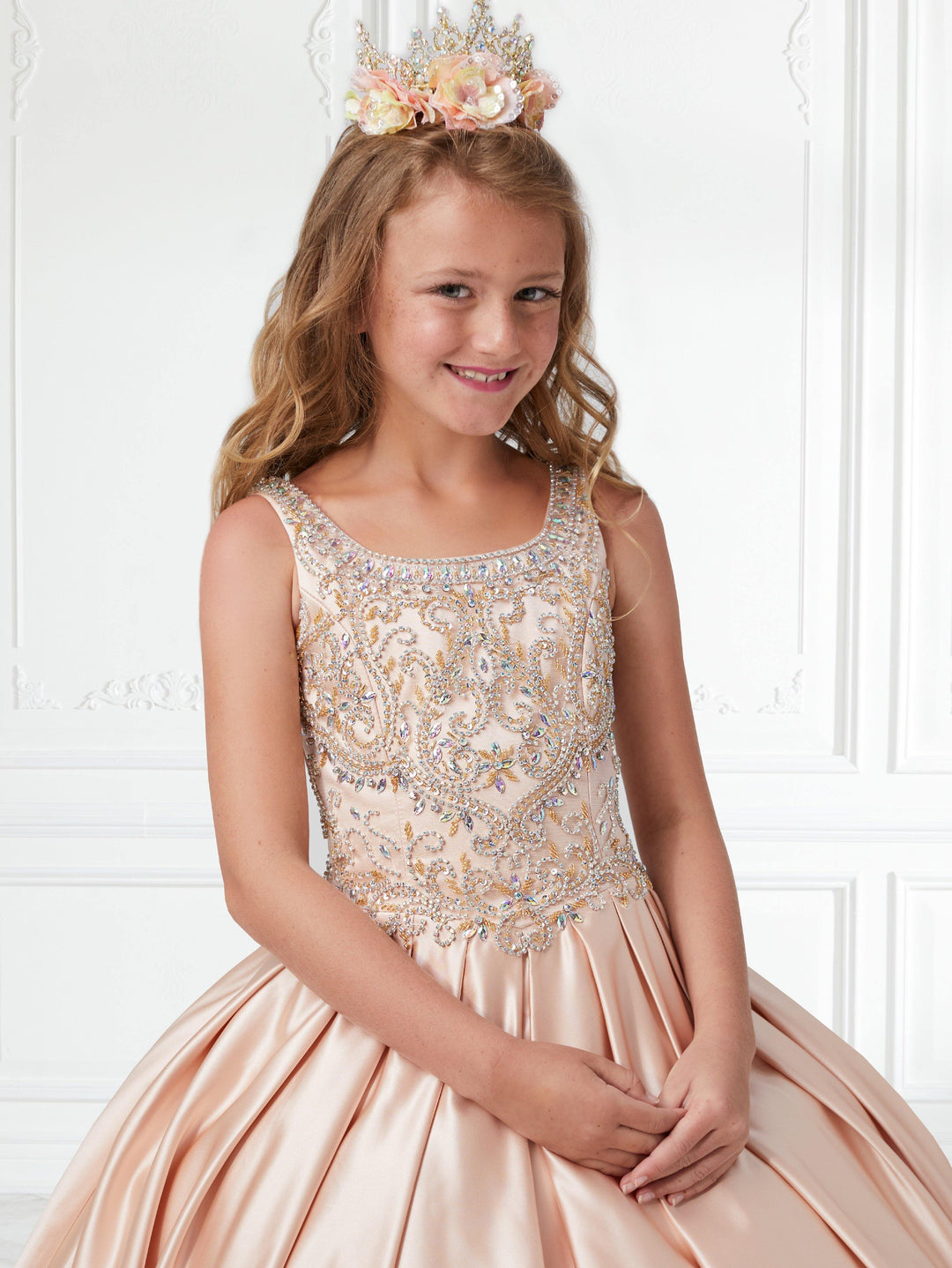 Girls Beaded Long Box Pleated Satin Dress by Tiffany Princess 13591-Girls Formal Dresses-ABC Fashion