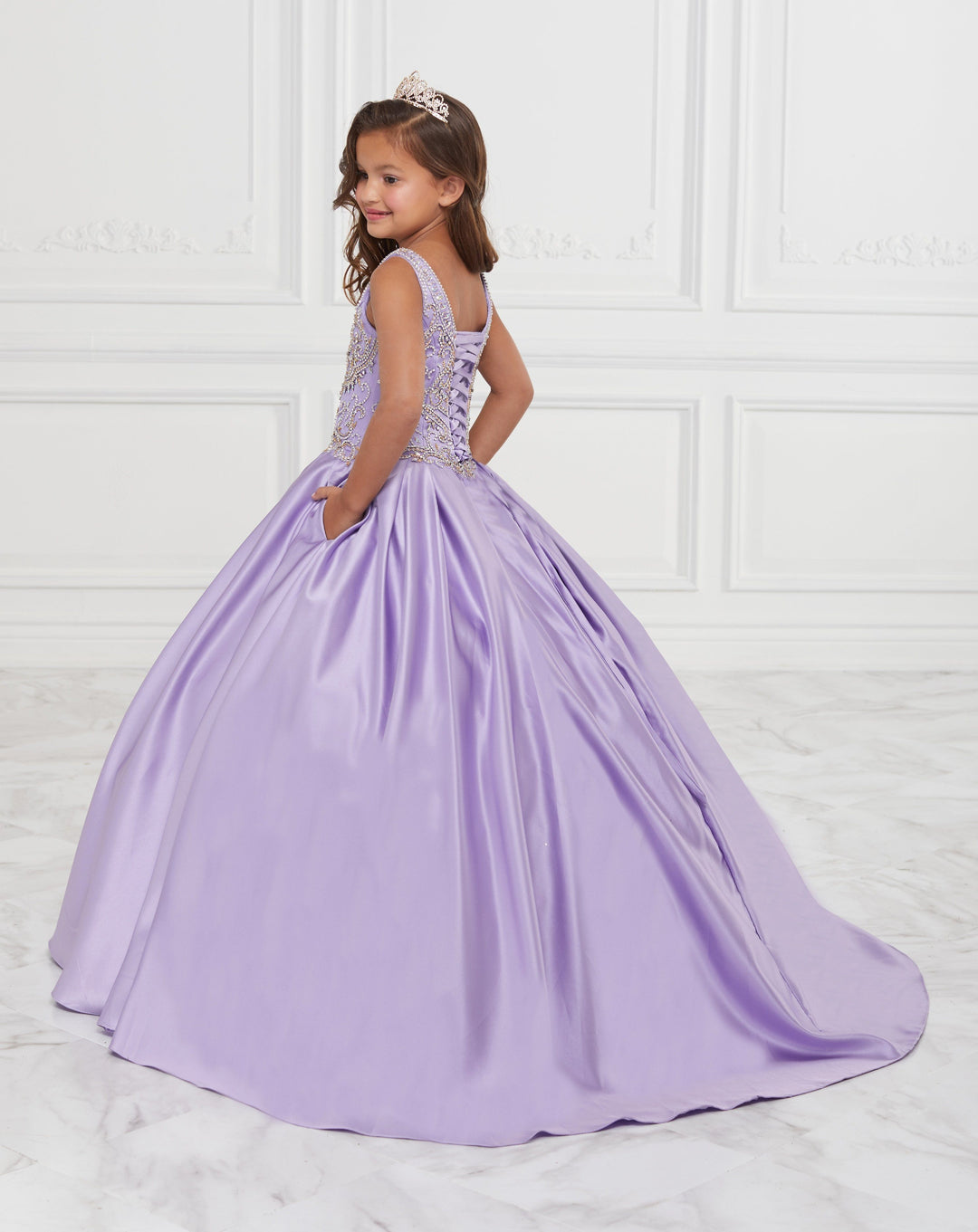 Girls Beaded Long Box Pleated Satin Dress by Tiffany Princess 13591-Girls Formal Dresses-ABC Fashion