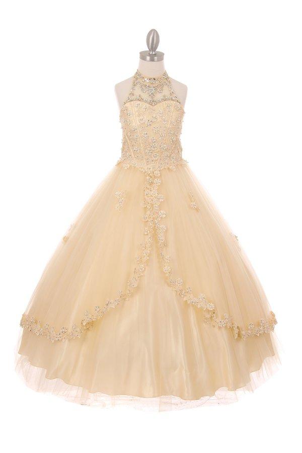 Girls Beaded Long Halter Tulle Dress by Cinderella Couture 5060-Girls Formal Dresses-ABC Fashion