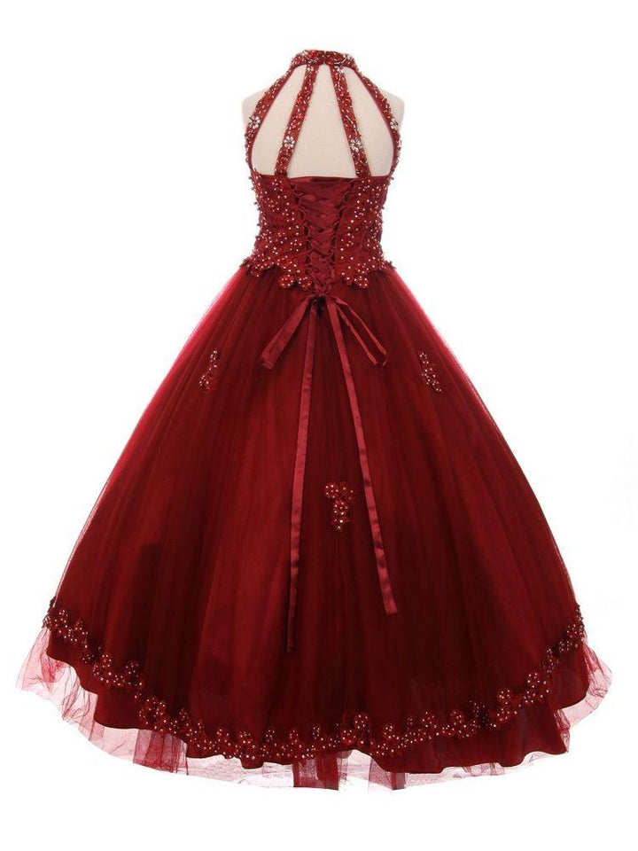 Girls Beaded Long Halter Tulle Dress by Cinderella Couture 5060-Girls Formal Dresses-ABC Fashion