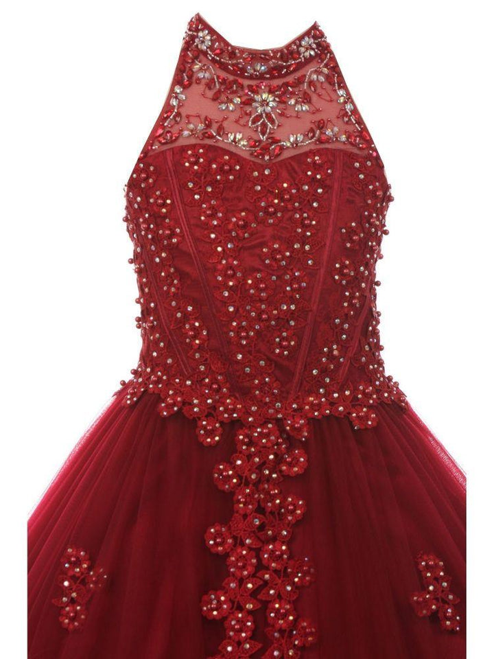 Girls Beaded Long Halter Tulle Dress by Cinderella Couture 5060-Girls Formal Dresses-ABC Fashion