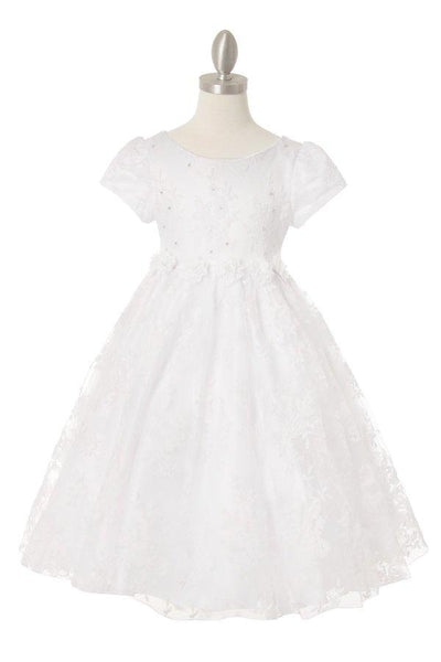 Girls Chantilly Lace Dress with Short Sleeves by Cinderella Couture 9078-Girls Formal Dresses-ABC Fashion