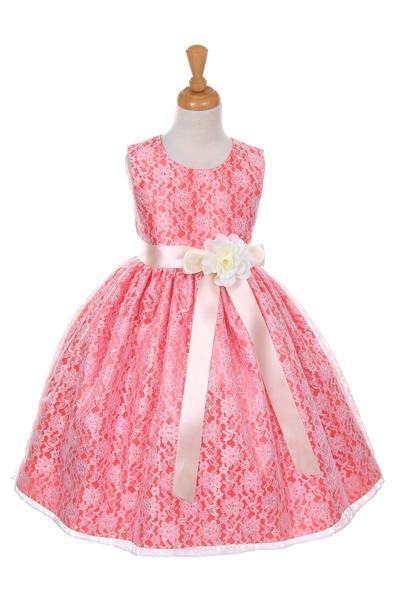 Girls Coral Raschel Lace Tea Length Dress with Sash-Girls Formal Dresses-ABC Fashion