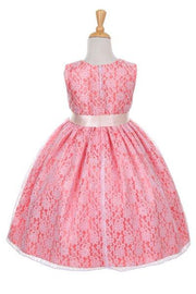 Girls Coral Raschel Lace Tea Length Dress with Sash-Girls Formal Dresses-ABC Fashion